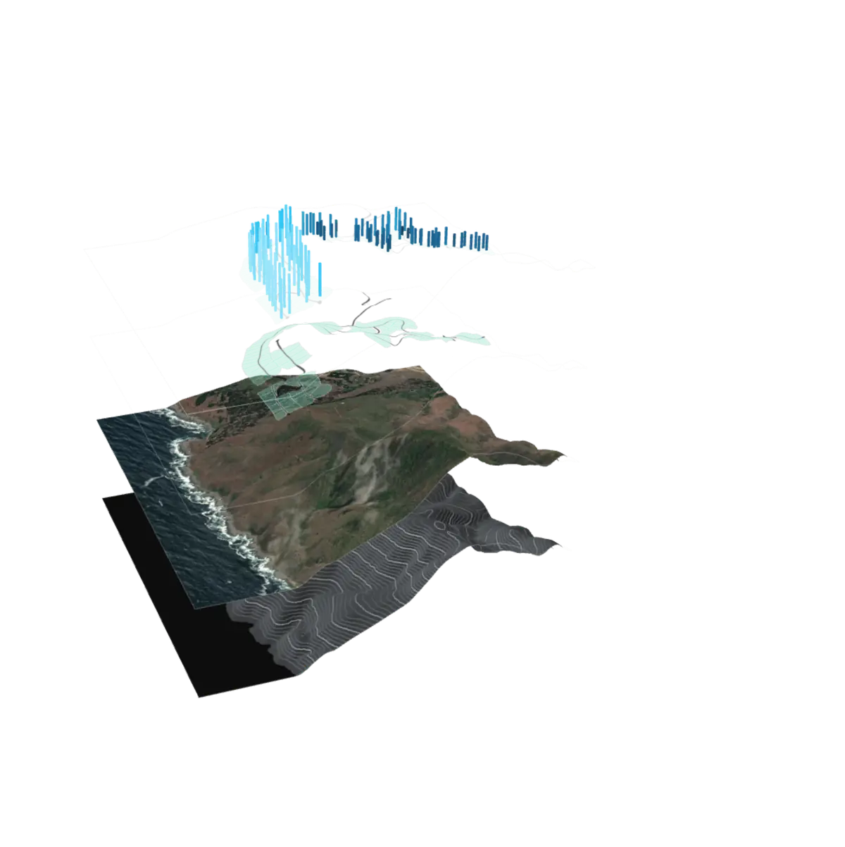 Las cuatro capas del loteo de demostración, separadas en 3D: el relieve con curvas de nivel, la imagen satelital, los lotes y una barra por lote con uno de sus datos calculados.