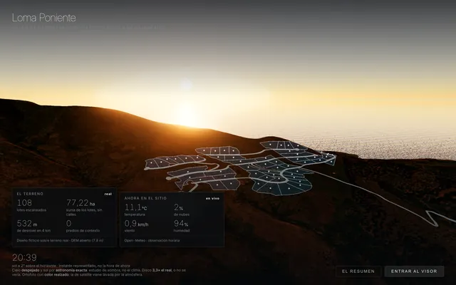 La portada del visor: el loteo sobre la loma al atardecer, frente al mar.