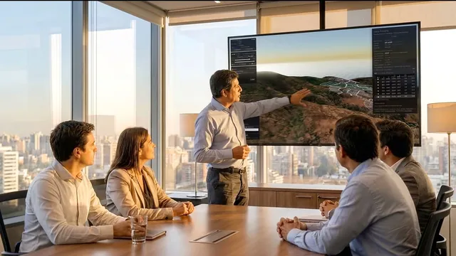 Una reunión en una oficina, con el visor del loteo en una pantalla.