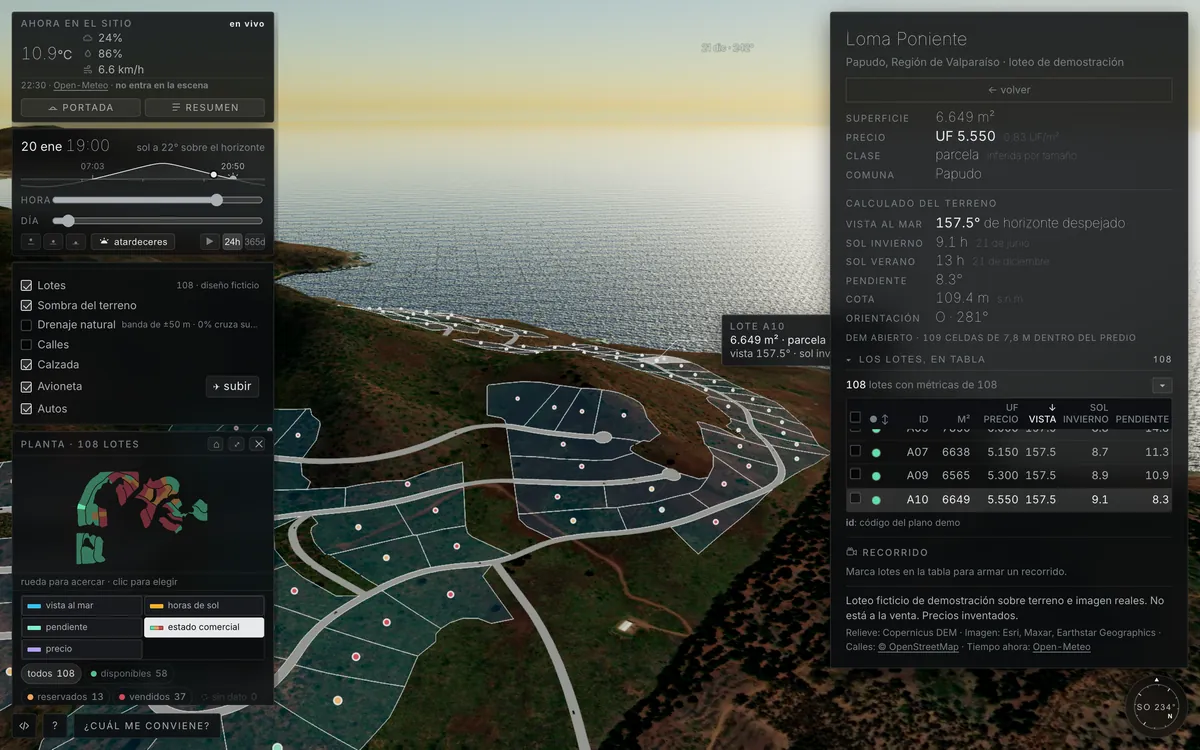Un lote elegido en el visor 3D, con su ficha de precio, vista al mar, horas de sol y pendiente, sobre la loma con el mar al fondo.